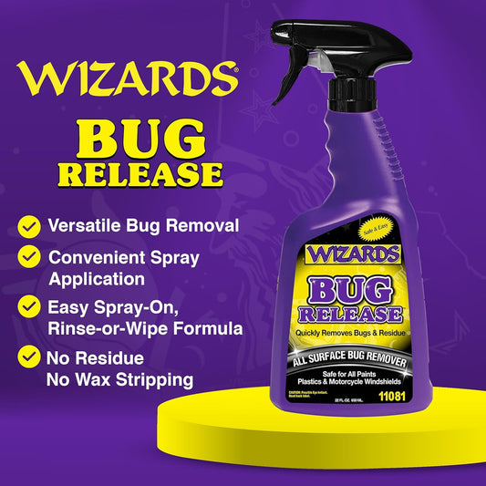 Wizards Bug Release - All Surface Bug Remover and Wash for All Vehicles - Softens and Neutralizes Acidic Bug Protein - Doubles as Spot Cleaner and Pre-Soak Car Cleaner - 22 Fl Oz