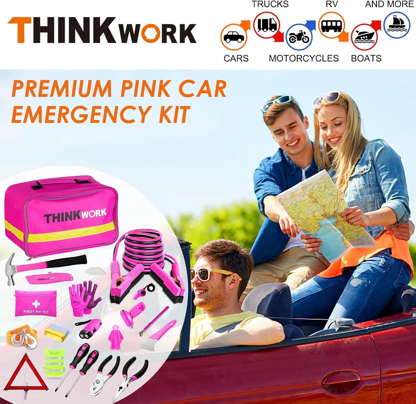 THINKWORK Car Emergency Kit for Teen Girl and Lady's Gifts, Pink Emergency Roadside Assistance kit with Digital Air Compressor, 10FT Jumper, First Aid Kit, and More Ideal Pink Car Accessories Tool -E7