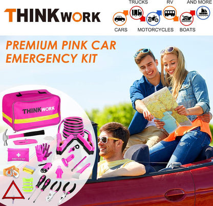 THINKWORK Car Emergency Kit for Teen Girl and Lady's Gifts, Pink Emergency Roadside Assistance kit with Digital Air Compressor, 10FT Jumper, First Aid Kit, and More Ideal Pink Car Accessories Tool -E7