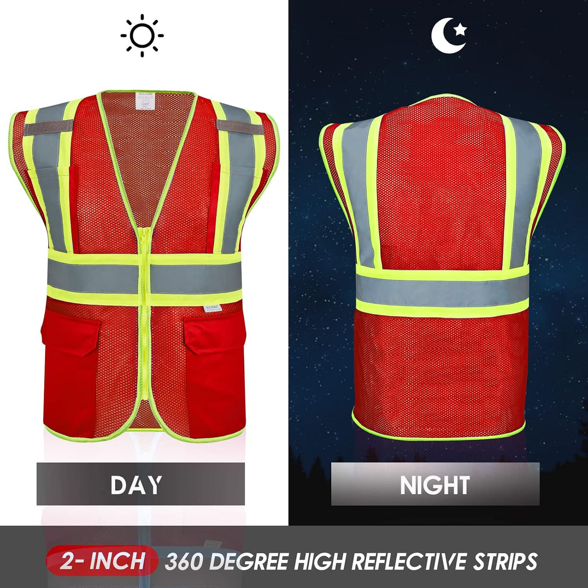 High Visibility Reflective Safety Vest with Zipper and Pockets Orange,M