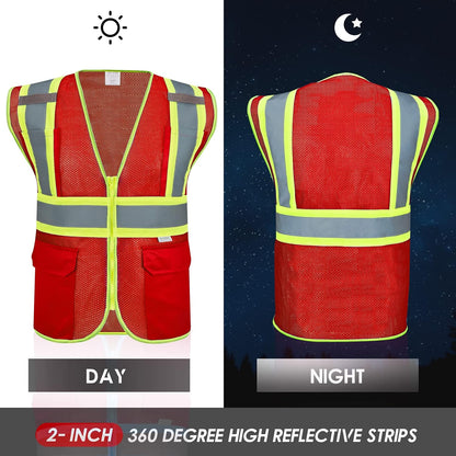 High Visibility Reflective Safety Vest with Zipper and Pockets Orange,M