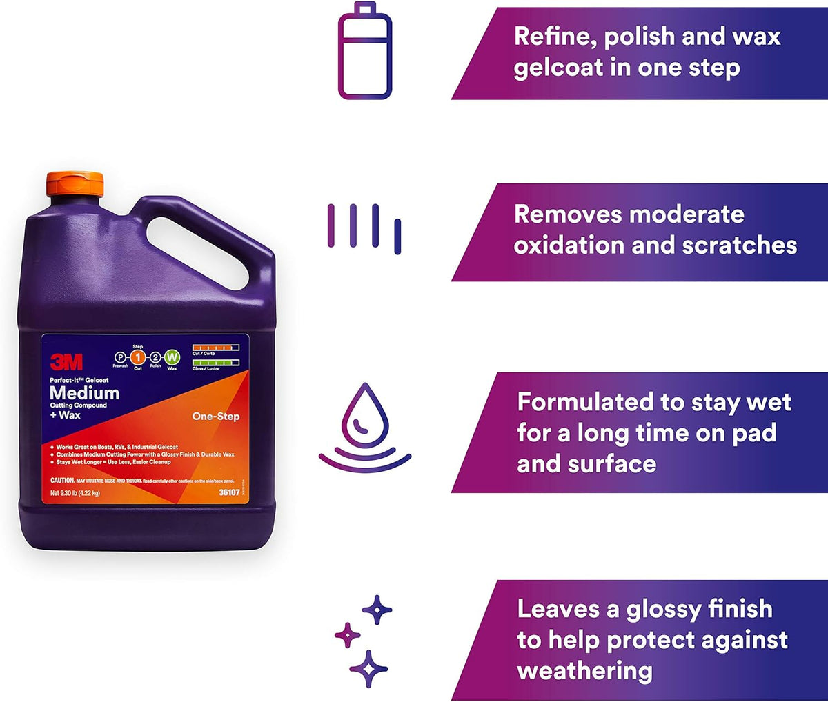 3M Perfect-It Gelcoat Medium Cutting Compound + Wax, 36106, 1 Quart, One-Step Process, P1500 and Finer Scratches, Fiberglass Oxidation Remover for Boats and RVs