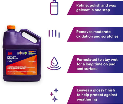 3M Perfect-It Gelcoat Medium Cutting Compound + Wax, 36106, 1 Quart, One-Step Process, P1500 and Finer Scratches, Fiberglass Oxidation Remover for Boats and RVs