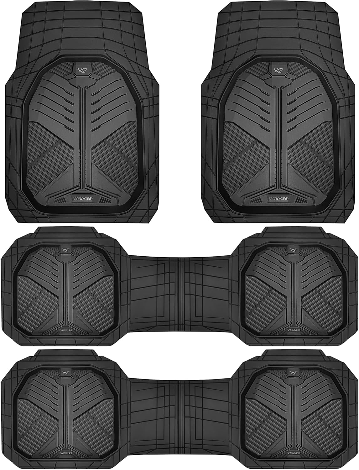 CAR PASS Heavy Duty Rubber Car Mats with Cargo Liner, Deep-Dish Car Floor Mats and Trunk Mat All Weather, Universal Trim-to-Fit for SUVs Trucks Sedans, Waterproof Anti-Slip, Trimmable V12 Black
