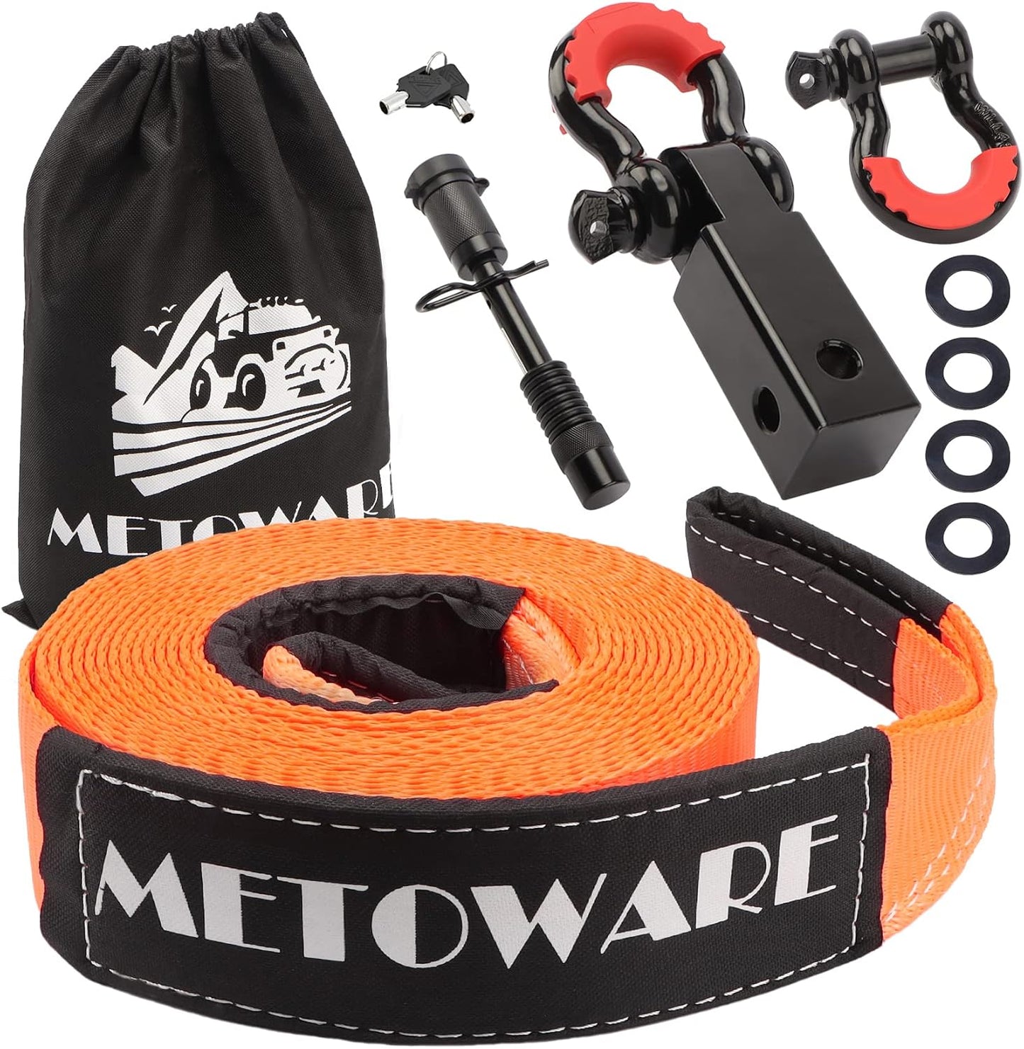 METOWARE Recovery Tow Strap Kit 3" x 20ft, Heavy Duty Recovery Strap 35,000lbs Break Strength with 3/4" D Ring Shackles(2pcs) & Storage Bag, Emergency Off Road Towing Rope for SUV, UTV, ATV, Truck