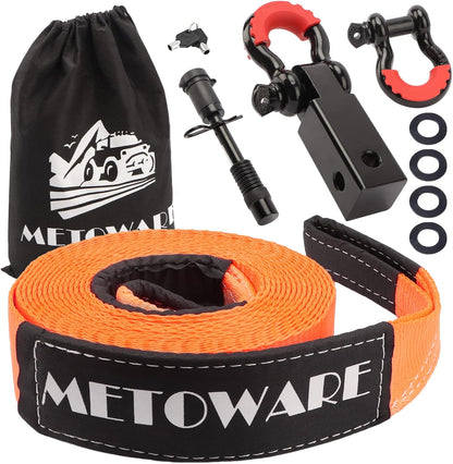 METOWARE Recovery Tow Strap Kit 3" x 20ft, Heavy Duty Recovery Strap 35,000lbs Break Strength with 3/4" D Ring Shackles(2pcs) & Storage Bag, Emergency Off Road Towing Rope for SUV, UTV, ATV, Truck