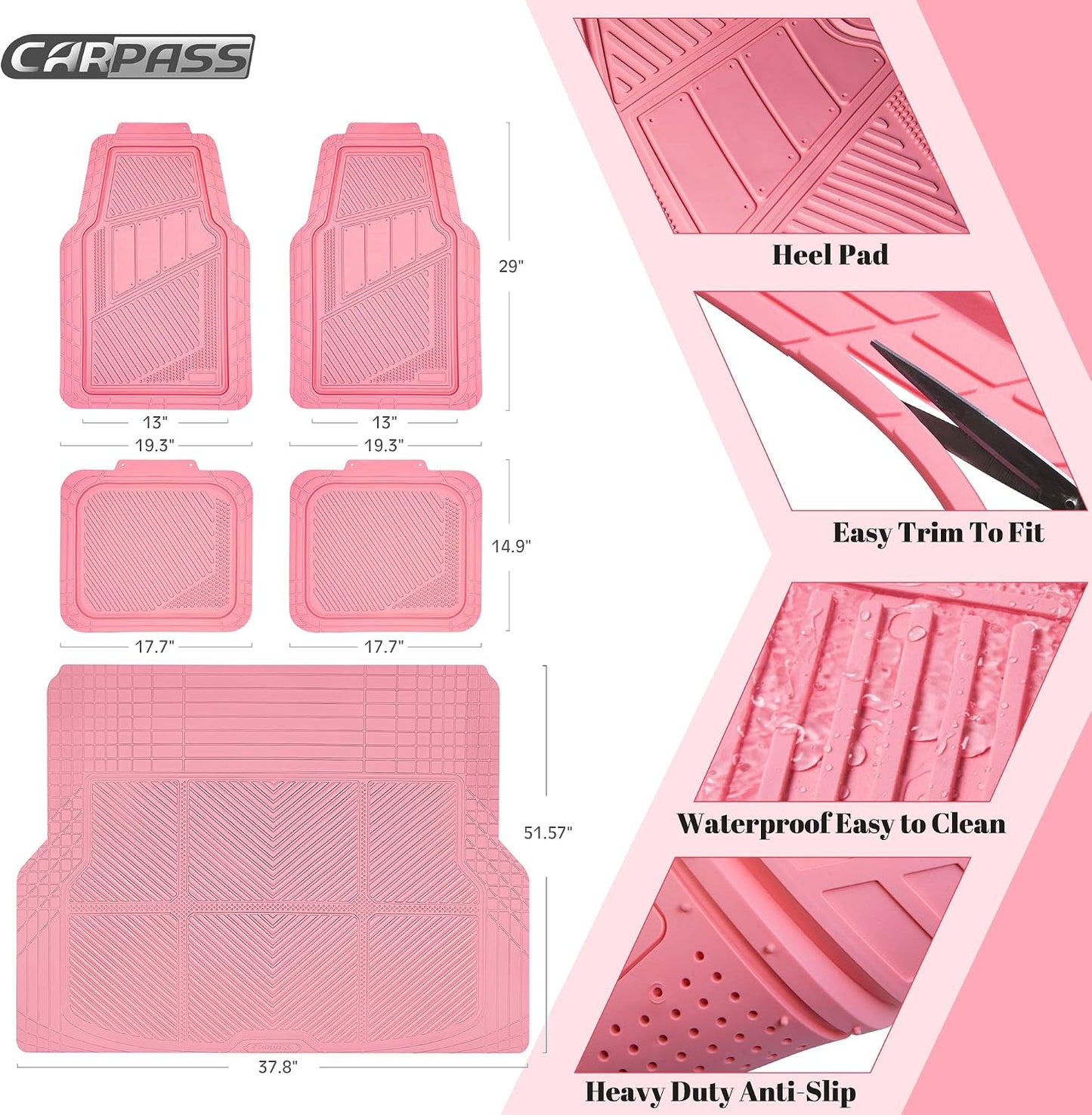 CAR PASS Heavy Duty Rubber Floor Mats 4-Piece,Pink Car Mats Full Sets Anti-Slip,Waterproof Universal Trim-to-Fit for Car SUV Truck, Durable All Weather Automotive Car Mats for Women,Girly(All Pink)