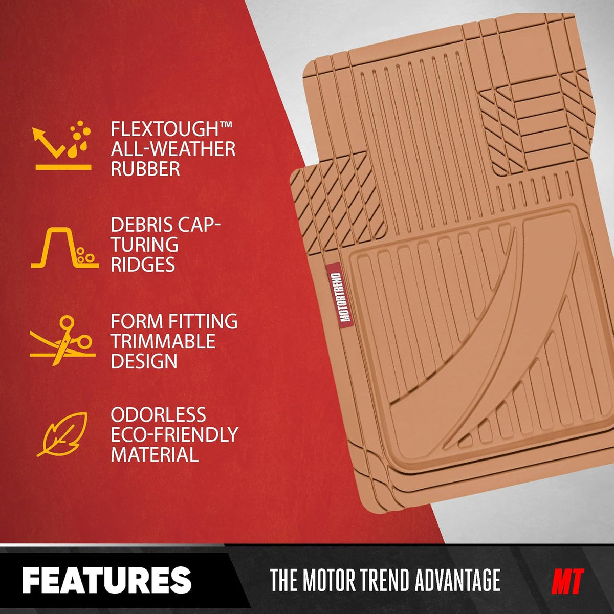 Motor Trend FlexTough Advanced Heavy Duty Beige Rubber Car Floor Mats & Cargo Liner for SUV & Car Full Set - Universal Trim to Fit All Weather Automotive Floor Mat & Cargo Liners for SUV, Car, & Van