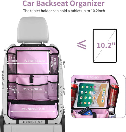 LUCMO Car Backseat Organizer with Tablet Holder,6 Storage Pockets Car Storage Organizer with Foldable Food Tray,Protectors Kick Mats Travel Accessories-Black