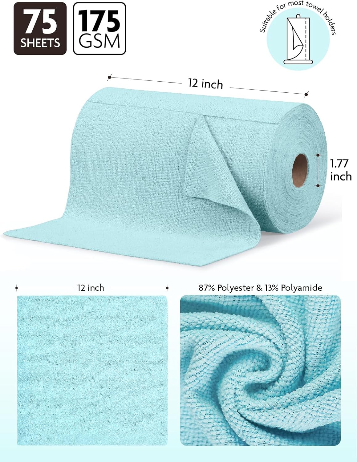 Fantasticlean Microfiber Cleaning Cloth Roll -75 Pack, Tear Away Microfiber Towels, 12" x 12", Reusable, Washable, Scratch Free, Ultra Absorbent for All-Around Cleaning Supplies (DimGray)