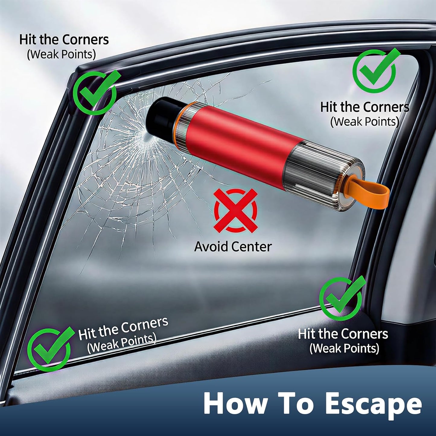 2 Pack Car Window Breaker Seatbelt Cutter, Spring Loaded One-Press Emergency Escape Tool, Anti-Cut Design Automotive Safety Hammer with Adhesive Mounts & Test Glass for Car Truck SUV (2, RED)