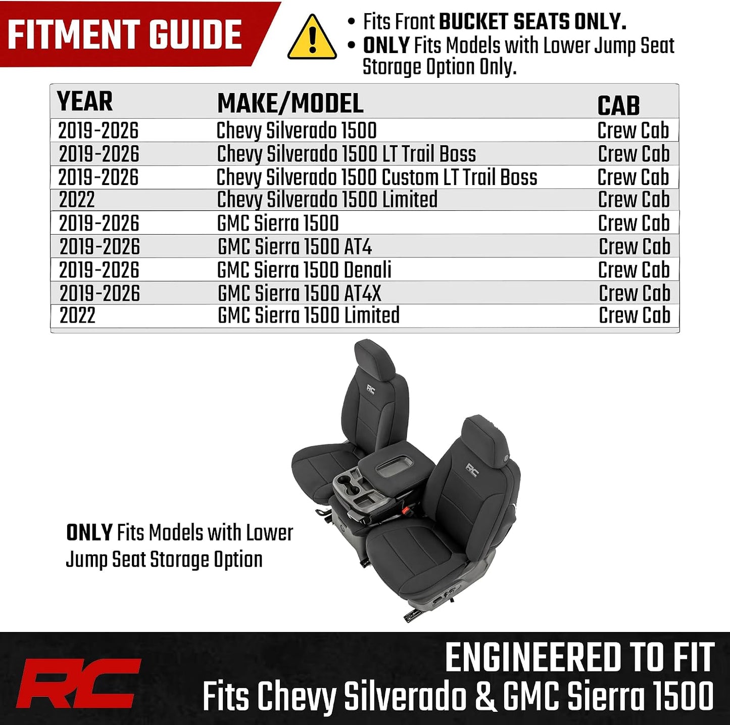 Rough Country Neoprene Seat Covers for Chevy Silverado & GMC Sierra 1500 (2019-2026) w/No Rear Seat Storage or Cup Holder - Waterproof & UV Resistant, Foam Padded, Front & Rear Row Cover Set