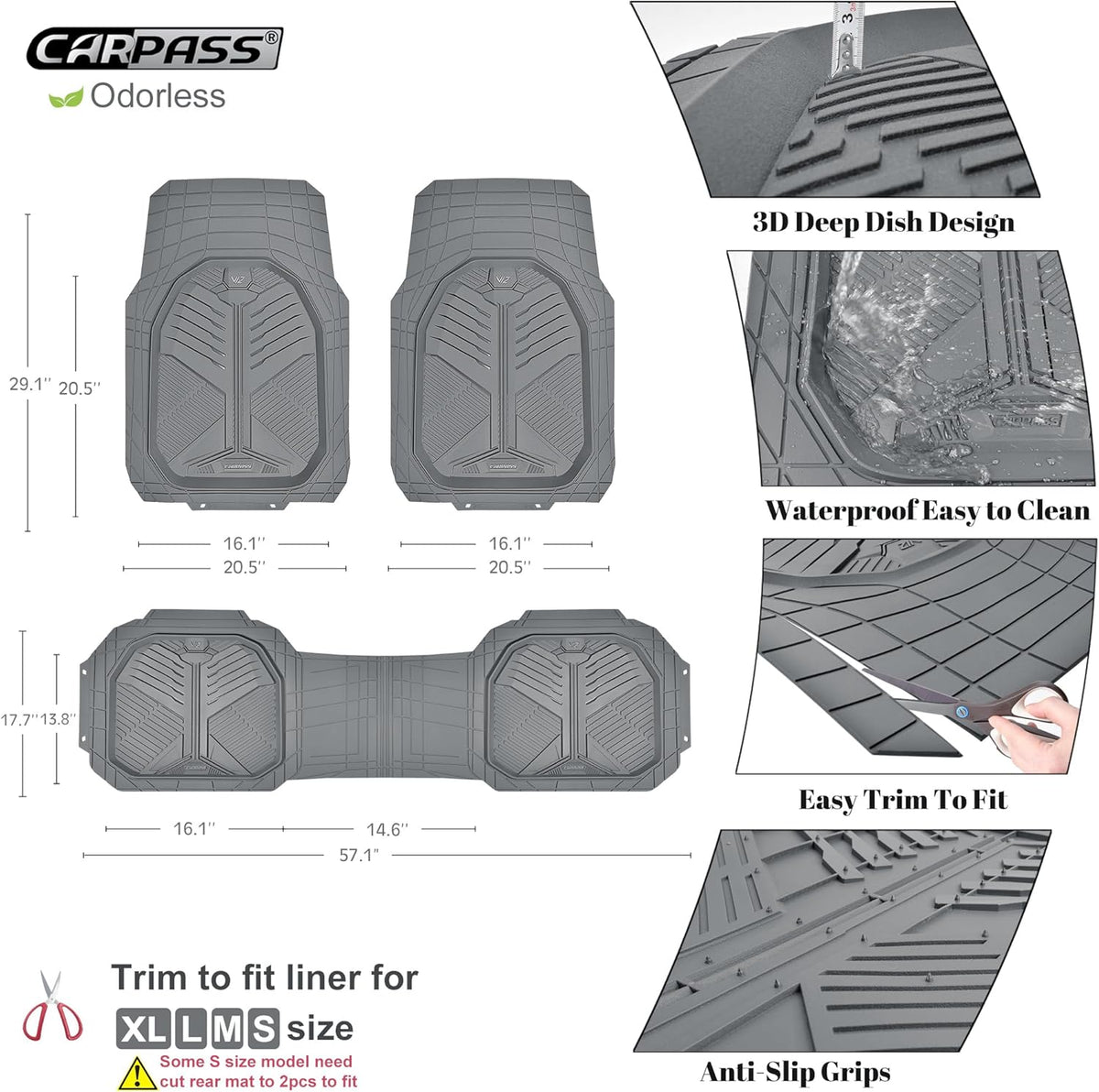 CAR PASS Heavy Duty Rubber Car Mats with Cargo Liner, Deep-Dish Car Floor Mats and Trunk Mat All Weather, Universal Trim-to-Fit for SUVs Trucks Sedans, Waterproof Anti-Slip, Trimmable V12 Black