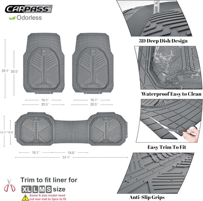 CAR PASS Heavy Duty Rubber Car Mats with Cargo Liner, Deep-Dish Car Floor Mats and Trunk Mat All Weather, Universal Trim-to-Fit for SUVs Trucks Sedans, Waterproof Anti-Slip, Trimmable V12 Black