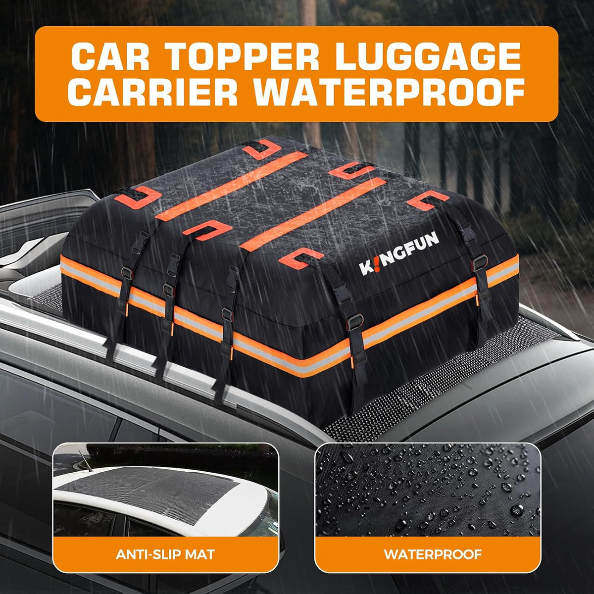 Kingfun Car Rooftop Cargo Carrier – Waterproof 20 Cubic Feet Car Roof Bag Fit All Vehicles with/Without Roof Racks, Includes Anti-Slip Mat, 8 Reinforced Straps & 6 Door Hooks, Luggage Locks（Black）