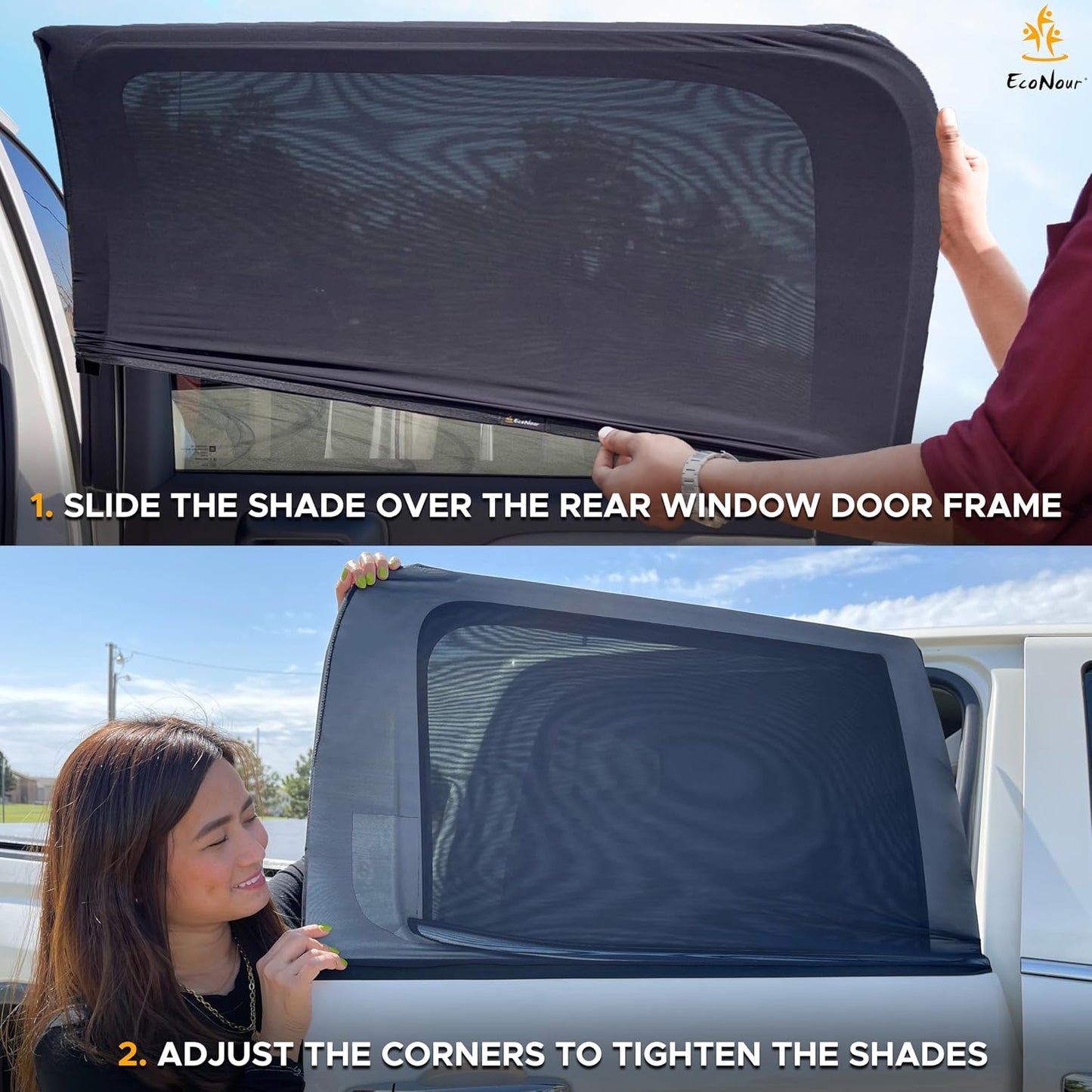 EcoNour Car Window Shades for Side Windows (Pack of 2) | Sun Shade for Car Heat and UV Protection | Adjustable Elastic Fabric Baby Car Shade | Rear Side Window Sun Shade Accessories (Large 21"x36")
