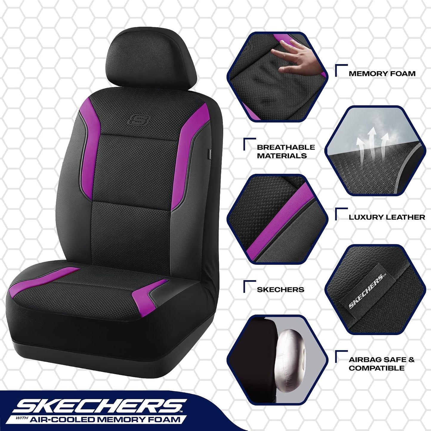 Skechers Memory Foam Seat Covers, Air Cool Mesh Thick Car Seat Covers, Car Seat Covers Front Seats Airbag Compatible, Universal Automotive Comfort for Most Cars, Vans, Trucks, SUV,Black
