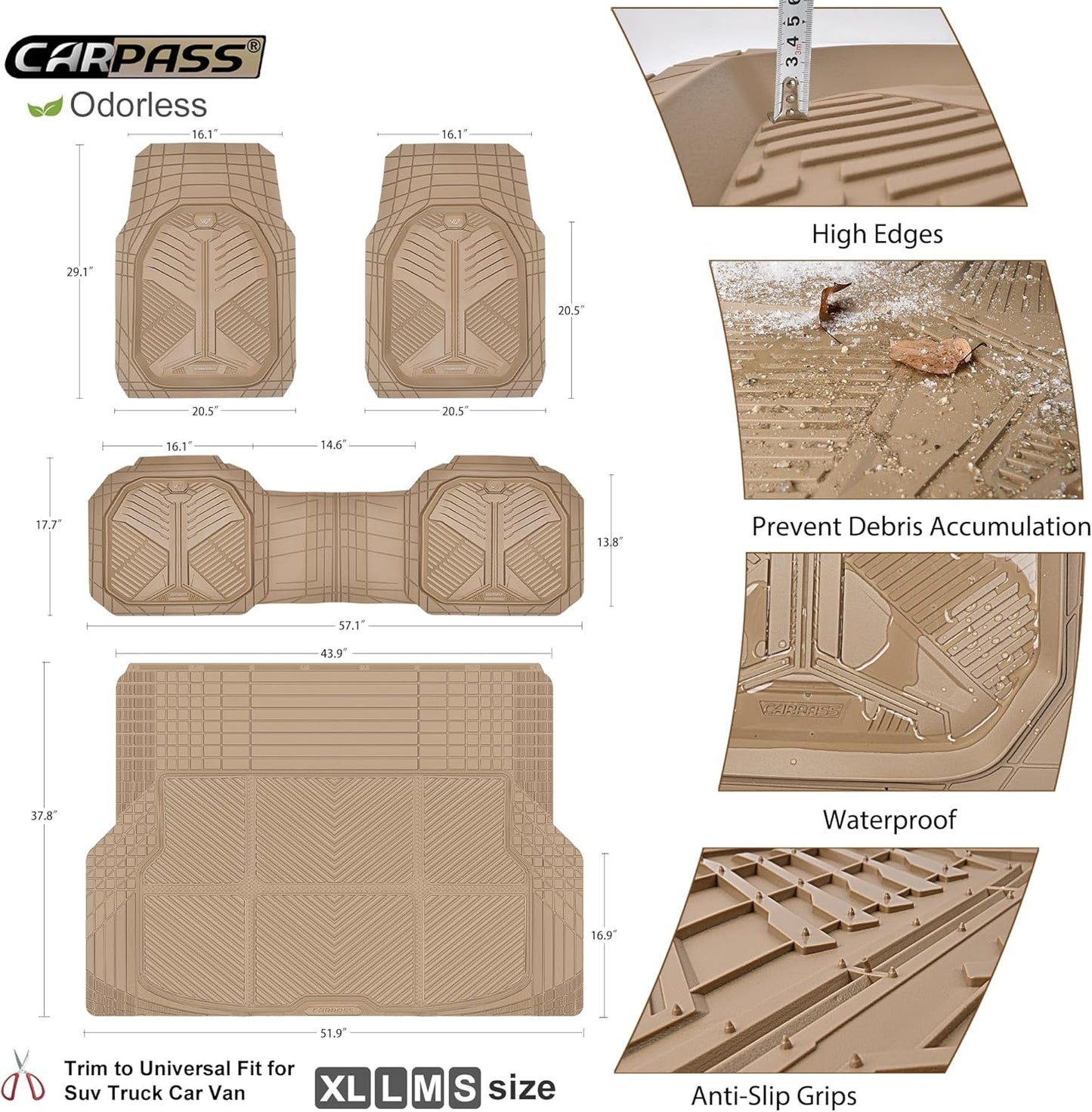 CAR PASS Heavy Duty Rubber Car Mats with Cargo Liner, Deep-Dish Car Floor Mats and Trunk Mat All Weather, Universal Trim-to-Fit for SUVs Trucks Sedans, Waterproof Anti-Slip, Trimmable V12 Black