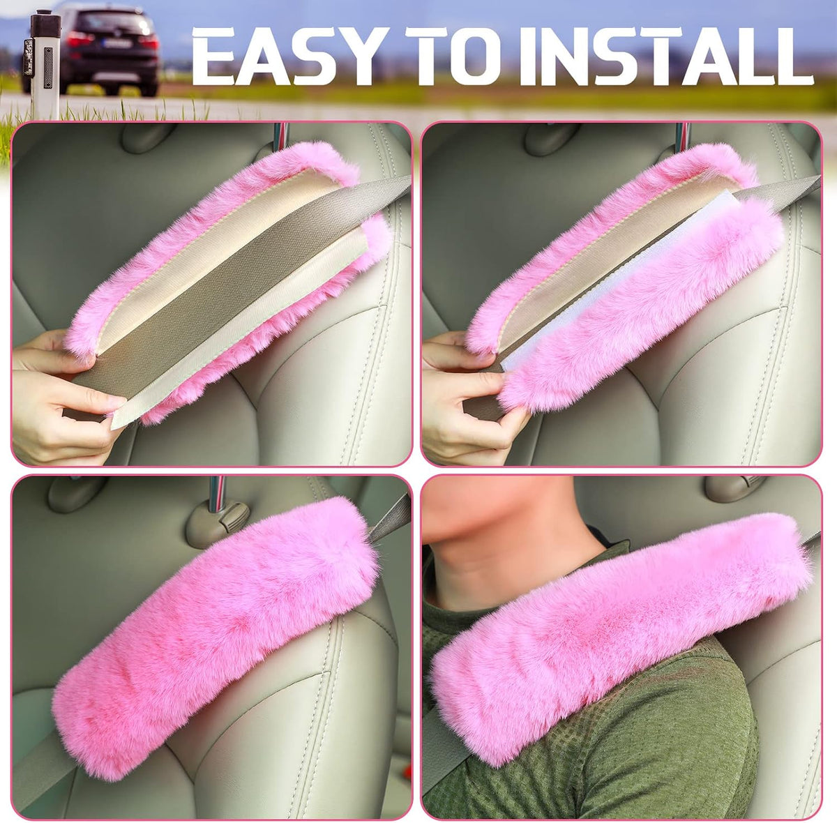 Boao 4 Pack Faux Sheepskin Car Seat Belt Pads Seatbelt Protector Soft Seat Belt Shoulder Strap Cover Comfort Harness Pad(Black, 9.9 Inch)