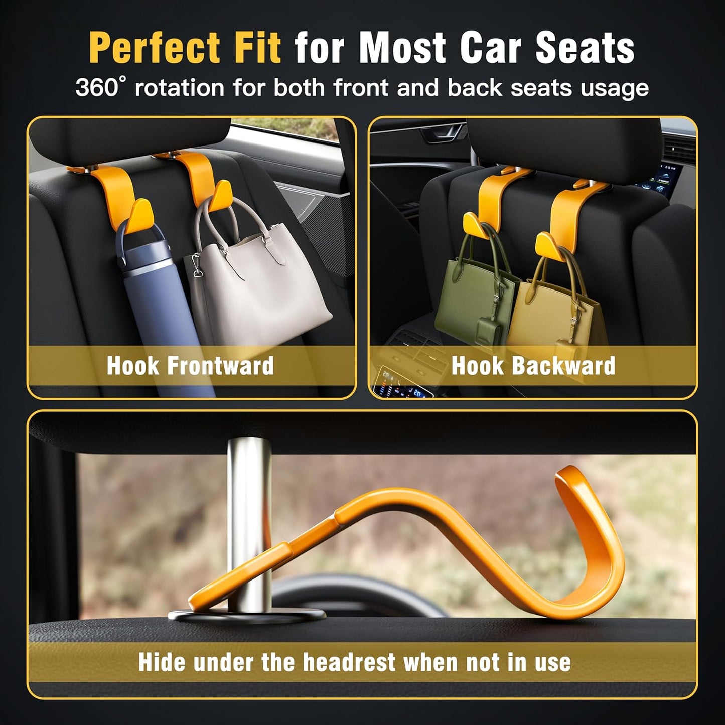 Amooca 4-Pack Car Headrest Hooks Vehicle Storage Organizer for Purses Handbags Groceries Backpack Coats –Holds 55lbs 360° Rotating Black
