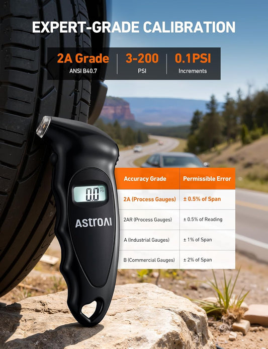 AstroAI Digital Tire Pressure Gauge 200 PSI, Industrial Tire Gauge Calibrated to ANSI B40.7 Grade 2A (±0.5%), AAA Batteries, for Light Trucks, Pickup Trucks, SUVs, Cars (Black)