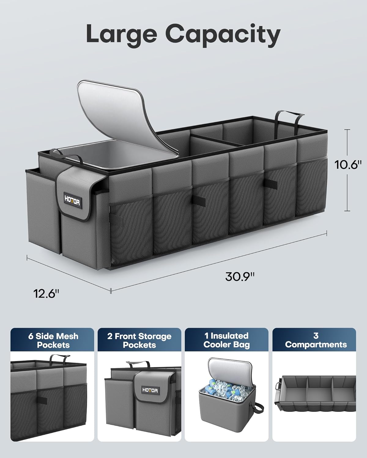 HOTOR Trunk Organizer, Sturdy Foldable with Cooler for Car & SUV, 3 Compartments, Black, 30.90”×12.60”×10.63”