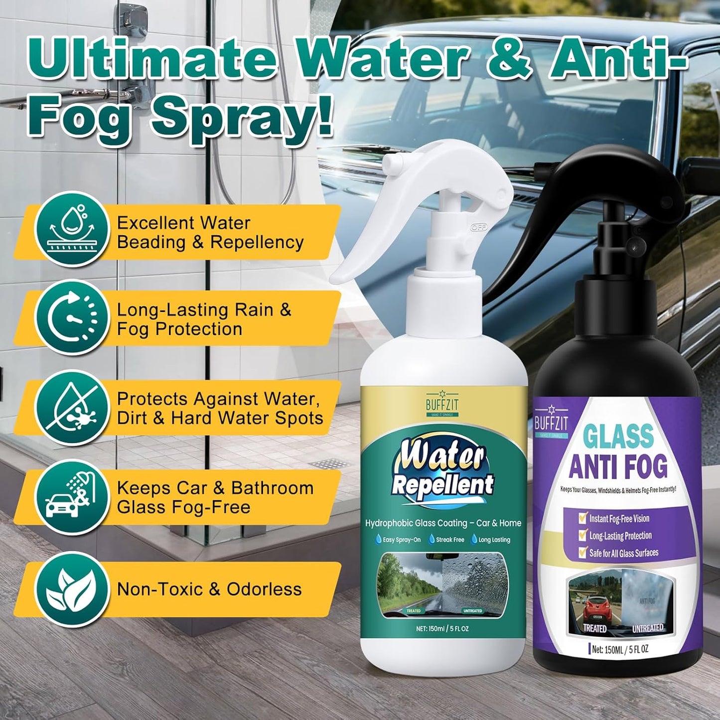 Anti-Fog and Rain-Repellent Spray Kit – Fast-Acting Defogger and Waterproof Spray for Clear Vision, Easy Spray for Car Windshields, Windows, Mirrors, Glasses, Goggles and Helmets (2-Pack)