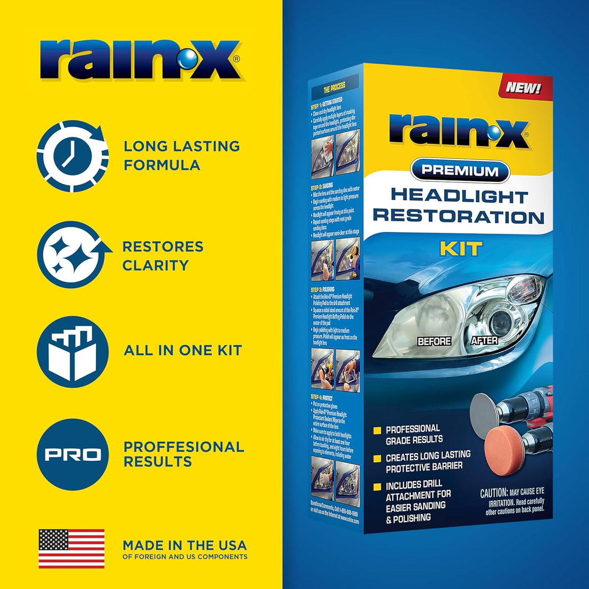 Rain-X 610153 Headlight Restoration Kit - Car Light Lens Cleaner/Restorer with Sanding & Polishing Drill Attachments & Sealant Wipe, Removes Scratches & Oxidation- All in 1 Long Lasting Formula