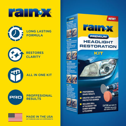 Rain-X 610153 Headlight Restoration Kit - Car Light Lens Cleaner/Restorer with Sanding & Polishing Drill Attachments & Sealant Wipe, Removes Scratches & Oxidation- All in 1 Long Lasting Formula