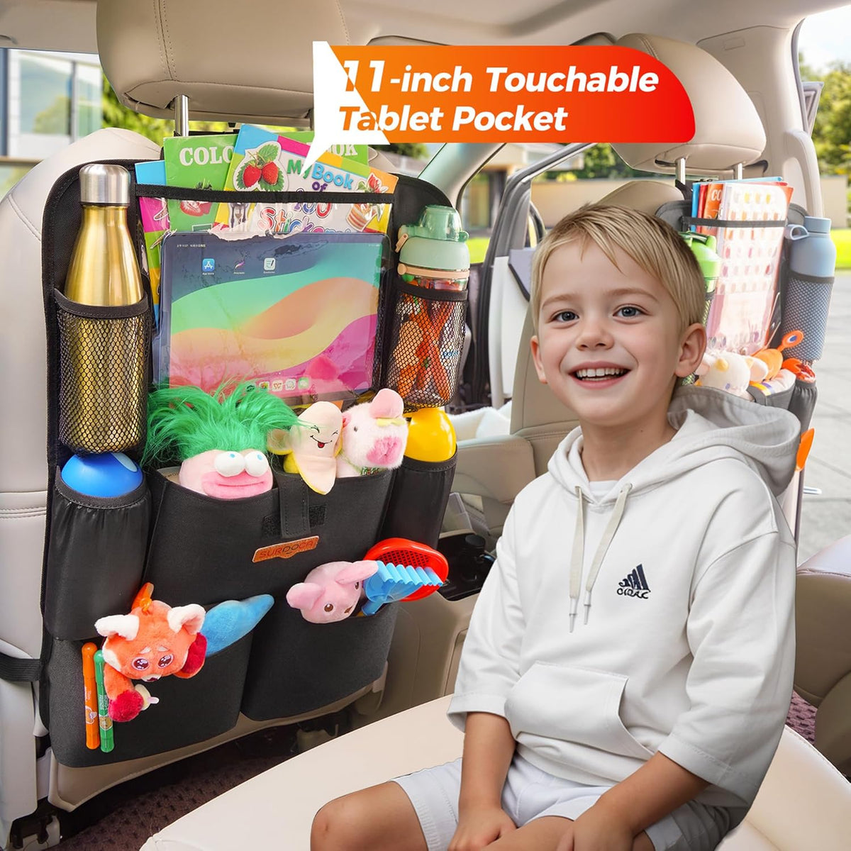SURDOCA Upgraded Car Organizer with 11-inch Tablet Holder, 8 Pockets, Car Seat Protector for Road Trips - Car Storage and Organizers for Kids