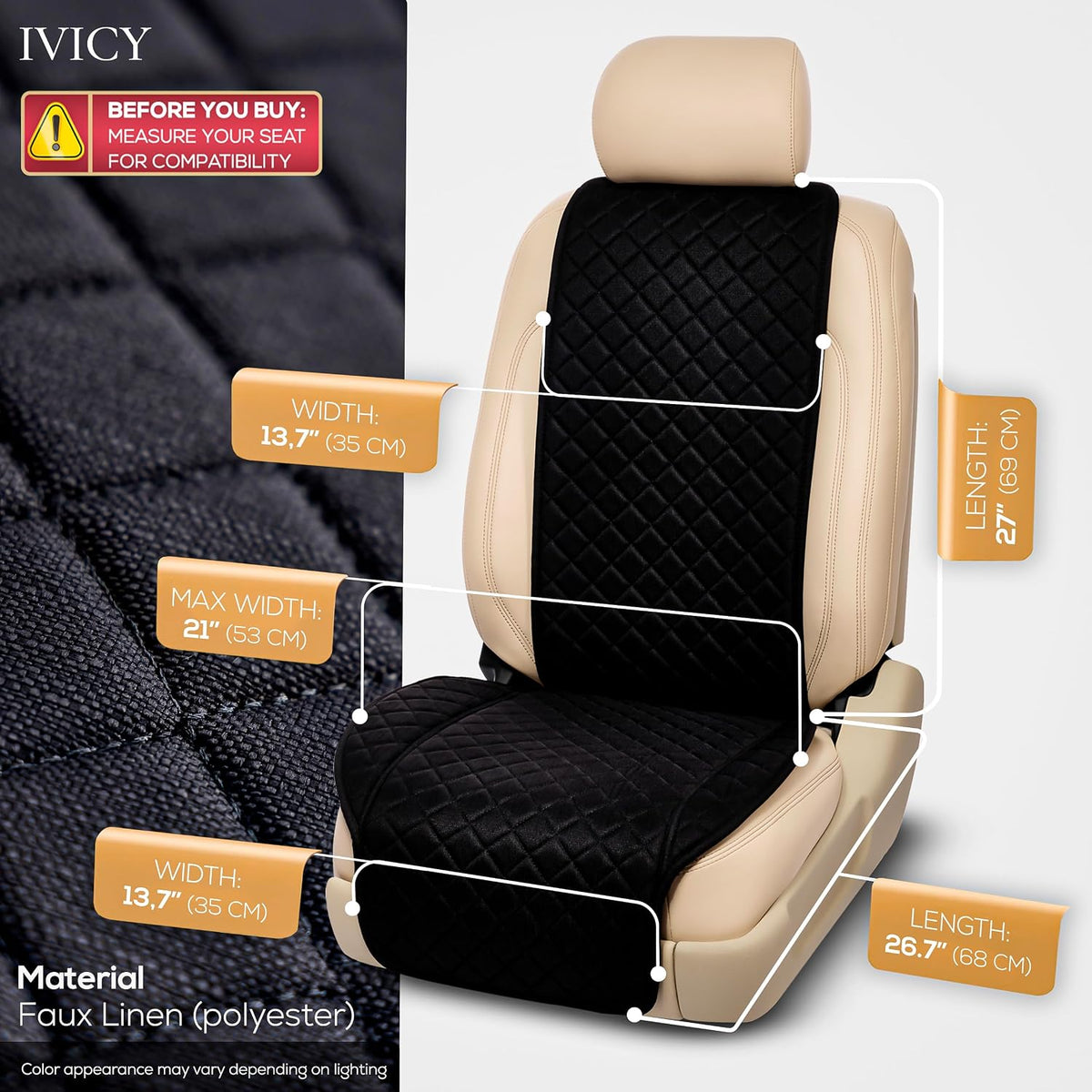 IVICY Faux Linen Front Car Seat Cover – Non-Slip Bucket Seat Protector for Most Cars, SUVs, Vans & Trucks – 1 Seat Cover, Machine Washable, Side-Airbag Friendly, Light Beige