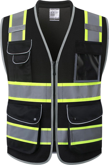 JKSafety 9 Pockets Class 2 High Visibility Zipper Front Safety Vest With Reflective Strips,Meets ANSI/ISEA Standard (Large, 150-Yellow) - Colors B