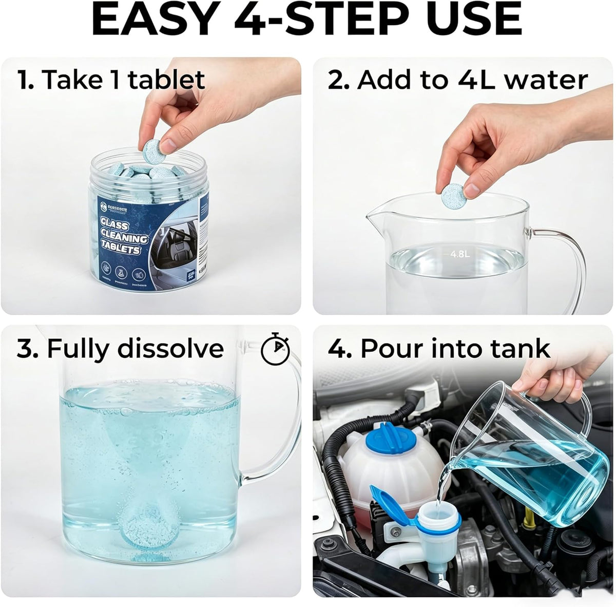 Coldcool Windshield Washer Tablets, 250-Pack Effervescent Car Glass Cleaning Tablets, Streak-Free Windshield Wiper Fluid Concentrate Replacement for All Vehicles