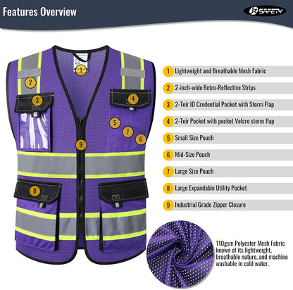 JKSafety Hi Vis Reflective Safety Vests for Men Women High Visibility Vest with Pockets Mesh Fabric Construction Safety Apparel Neon Vest for Work (220-Black L)