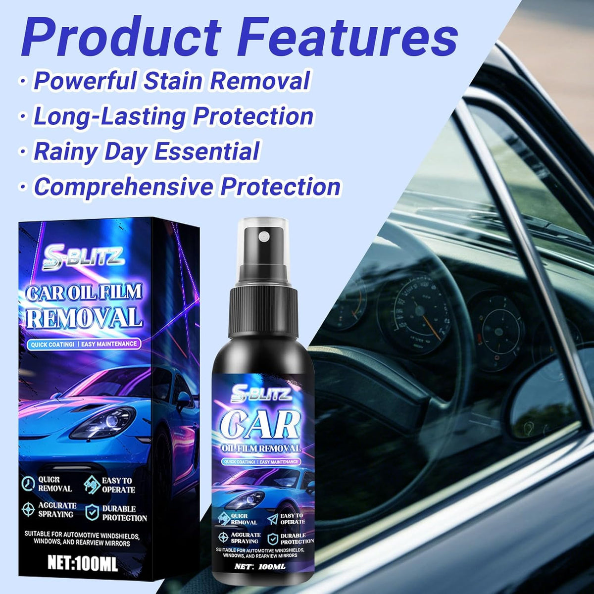 Car Oil Film Removal Spray, Clear Vision Glass Cleaner, 100ml Clear Vision Windshield Cleaner with Microfiber Cloths, Quick Coating for Automotive Windows and Rearview Mirrors