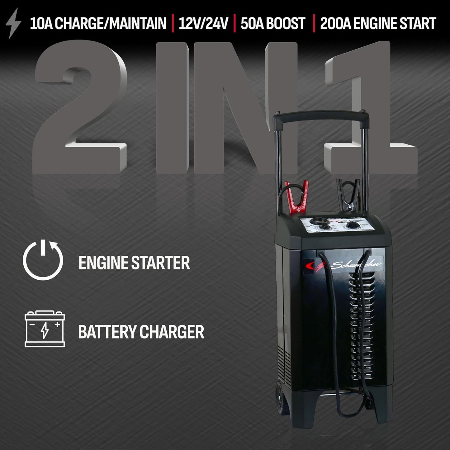 Schumacher Electric Wheeled Manual 10A Car Battery Charger and 200A Engine Starter, 2-in-1 Solution, 50A Boost, for 12V/24V Power Sport, Automotive, and Marine Batteries, SC1633