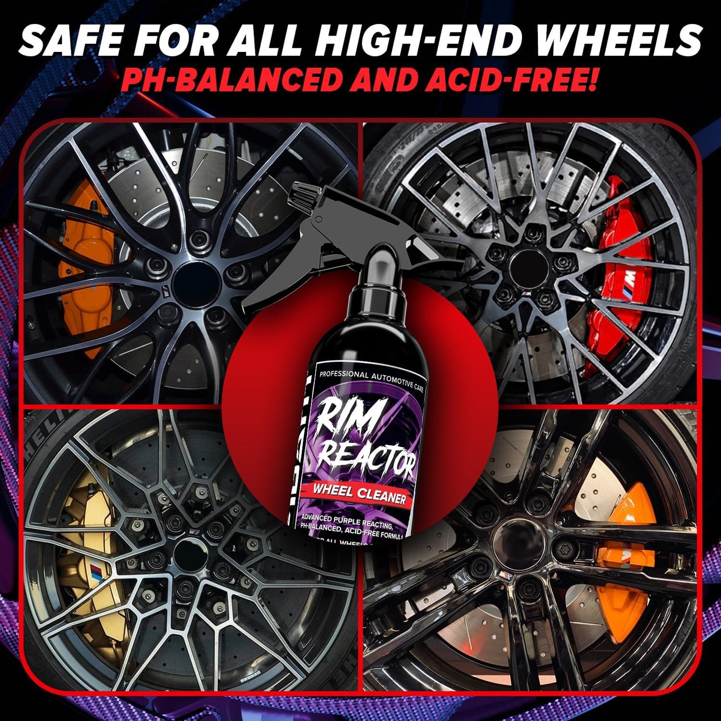 Carfidant Rim Reactor Wheel Cleaner Spray – No Scrub Formula with Purple Iron Remover Reaction – Removes Brake Dust & Grime – Safe for All Wheels (Aluminum, Chrome, Black) – pH Neutral – 16oz