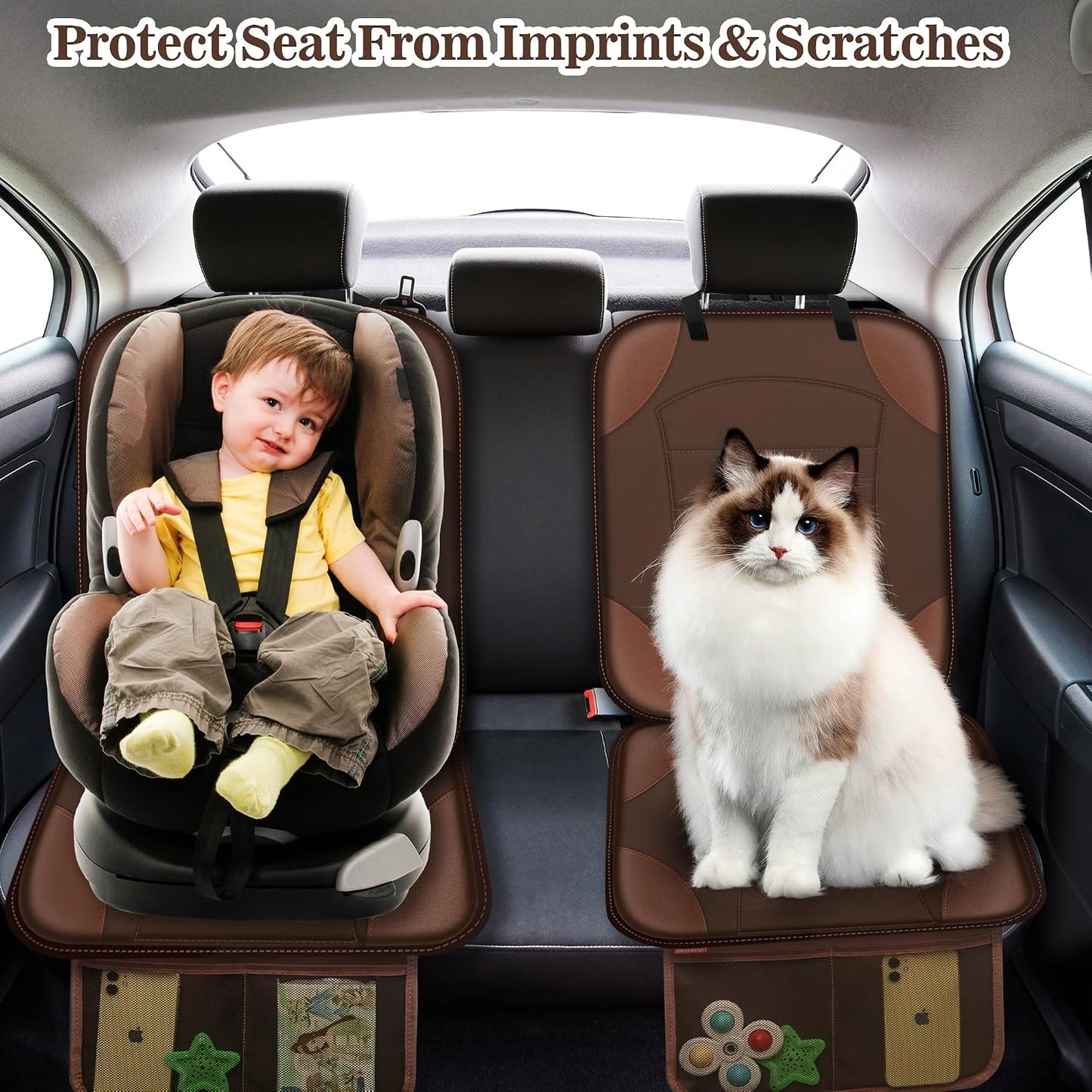 Sinvitron Car Seat Protector for Child Car Seat - Waterproof Non-Slip Leather Mat with 2 Mesh Pockets, Universal Seat Cover for Baby, Pets & Vehicles(2-Pack,Black)