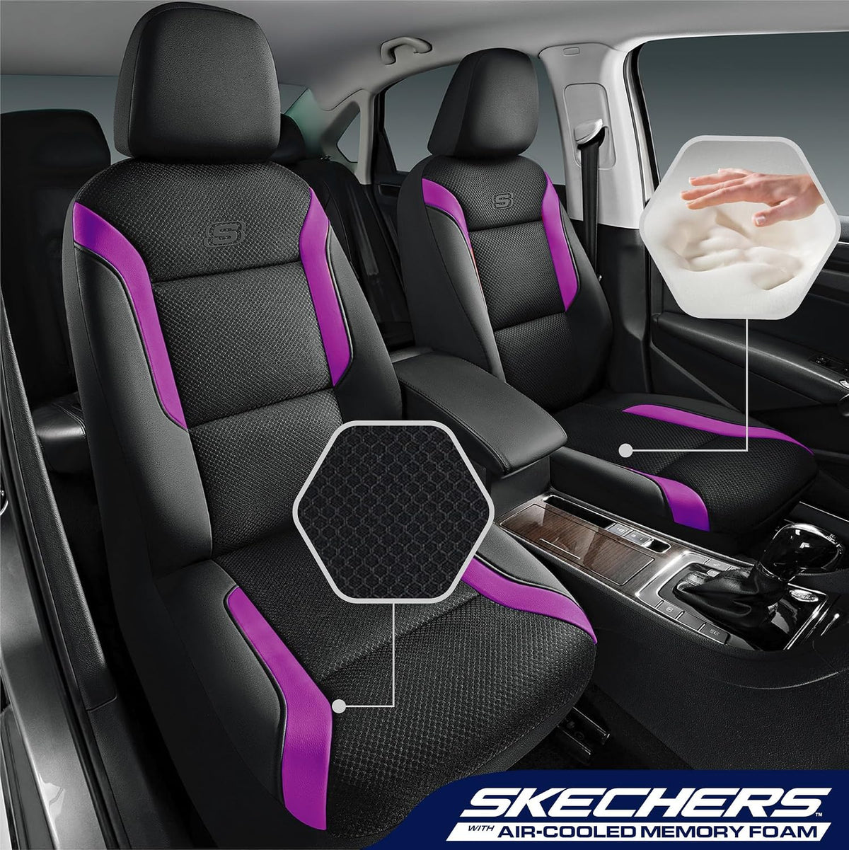 Skechers Memory Foam Seat Covers, Air Cool Mesh Thick Car Seat Covers, Car Seat Covers Front Seats Airbag Compatible, Universal Automotive Comfort for Most Cars, Vans, Trucks, SUV,Black