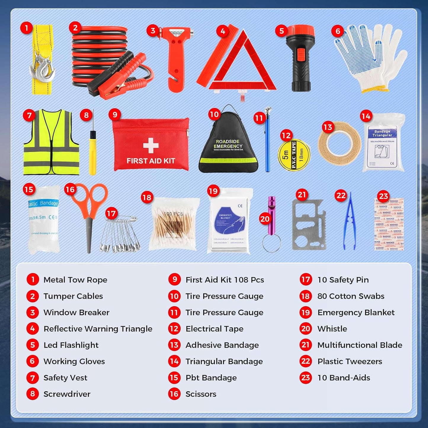 Car Emergency Kit with Jumper Cables, Roadside Safety Emergency Car Kit for Vehicle Truck Motorcycle - Gifts for Men Women Teenagers, Easy Storage(Black)