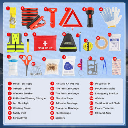 Car Emergency Kit with Jumper Cables, Roadside Safety Emergency Car Kit for Vehicle Truck Motorcycle - Gifts for Men Women Teenagers, Easy Storage(Black)
