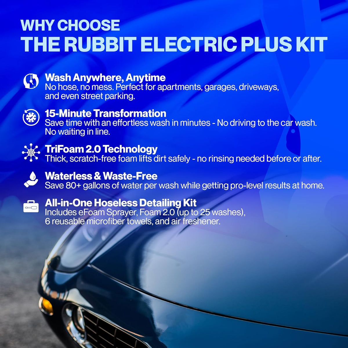 Electric Plus Kit, Waterless Car Wash Kit, Rechargeable Electric Sprayer, Foam 2.0 Solution, 6 Reusable Microfiber Towels, & Air Freshener, Car Cleaning Supplies, 9 Piece Auto Cleaning Kit