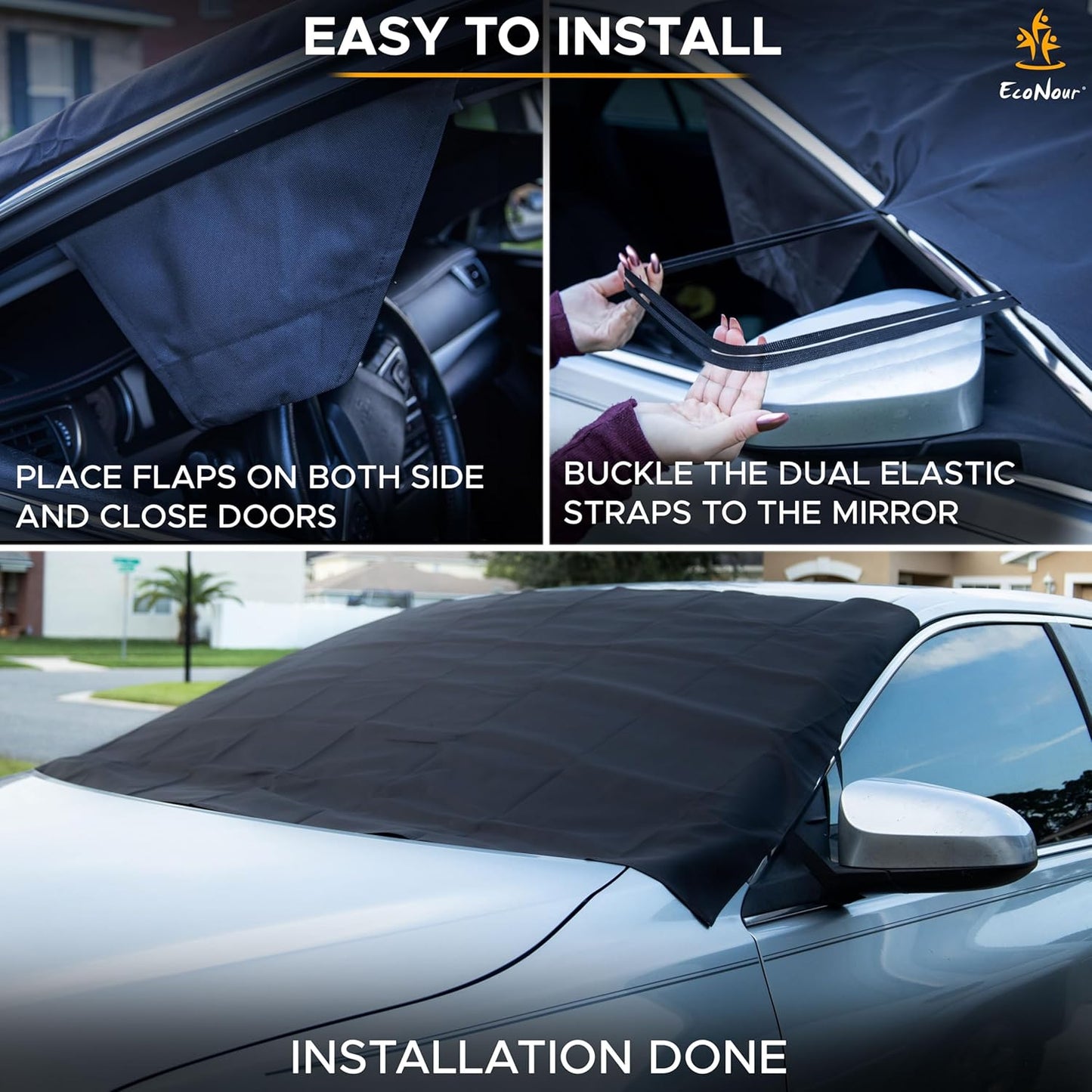 EcoNour Windshield Cover for Ice and Snow - Universal Fit for Car, SUV, Truck, Heavy Duty 600D Oxford Fabric Frost Protector for Ice & Sleet, Includes Anti-Theft Straps, Medium (69"x42")