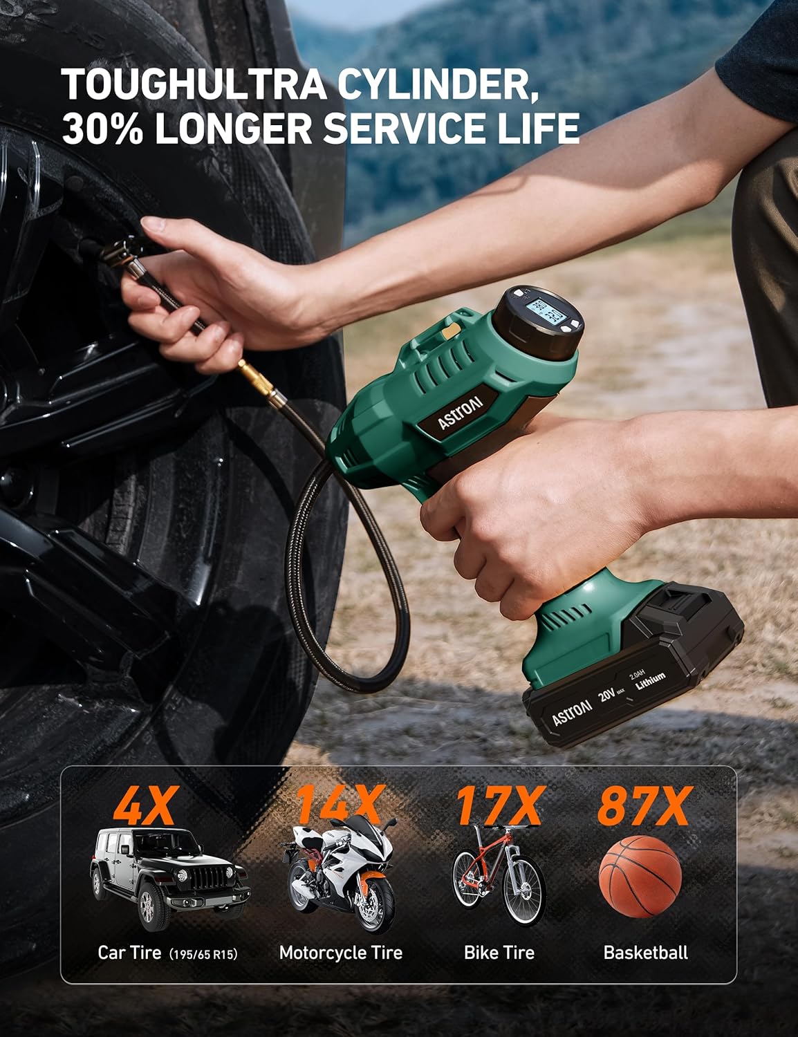AstroAI Cordless Tire Inflator Portable Air Compressor Fast Inflation 160 PSI Air Pump 20V Rechargeable Battery Powered with 12V DC Adapter Digital Pressure Gauge for Cars Motorcycles Bikes Yellow