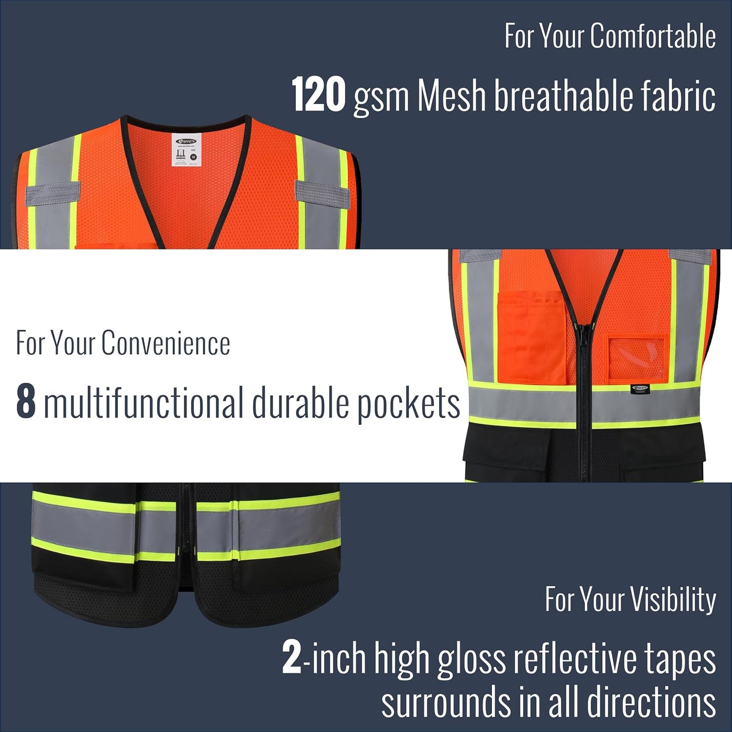 JKSafety Safety Vest for men women Hi Vis Reflective Vest with Pockets and Zipper High Visibility Meet ANSI Standard（BX320