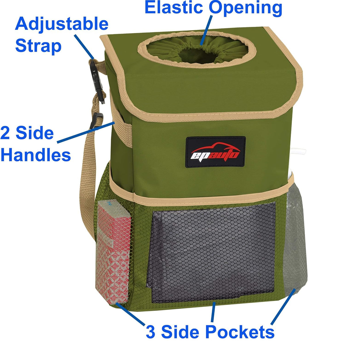 EPAuto Waterproof Car Trash Can with Lid and Storage Pockets, 2.5 Gallon, Black