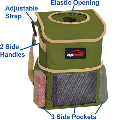 EPAuto Waterproof Car Trash Can with Lid and Storage Pockets, 2.5 Gallon, Black