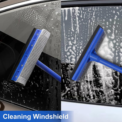 2-in-1 Car Window Cleaner, Multi-Use Car Windshield Cleaning Tool, with 15.9" Handle, 8" Soft Rubber Blade & Highly Absorbent Sponge, Home, Car, Glass, Shower, Outdoor Window Cleaning