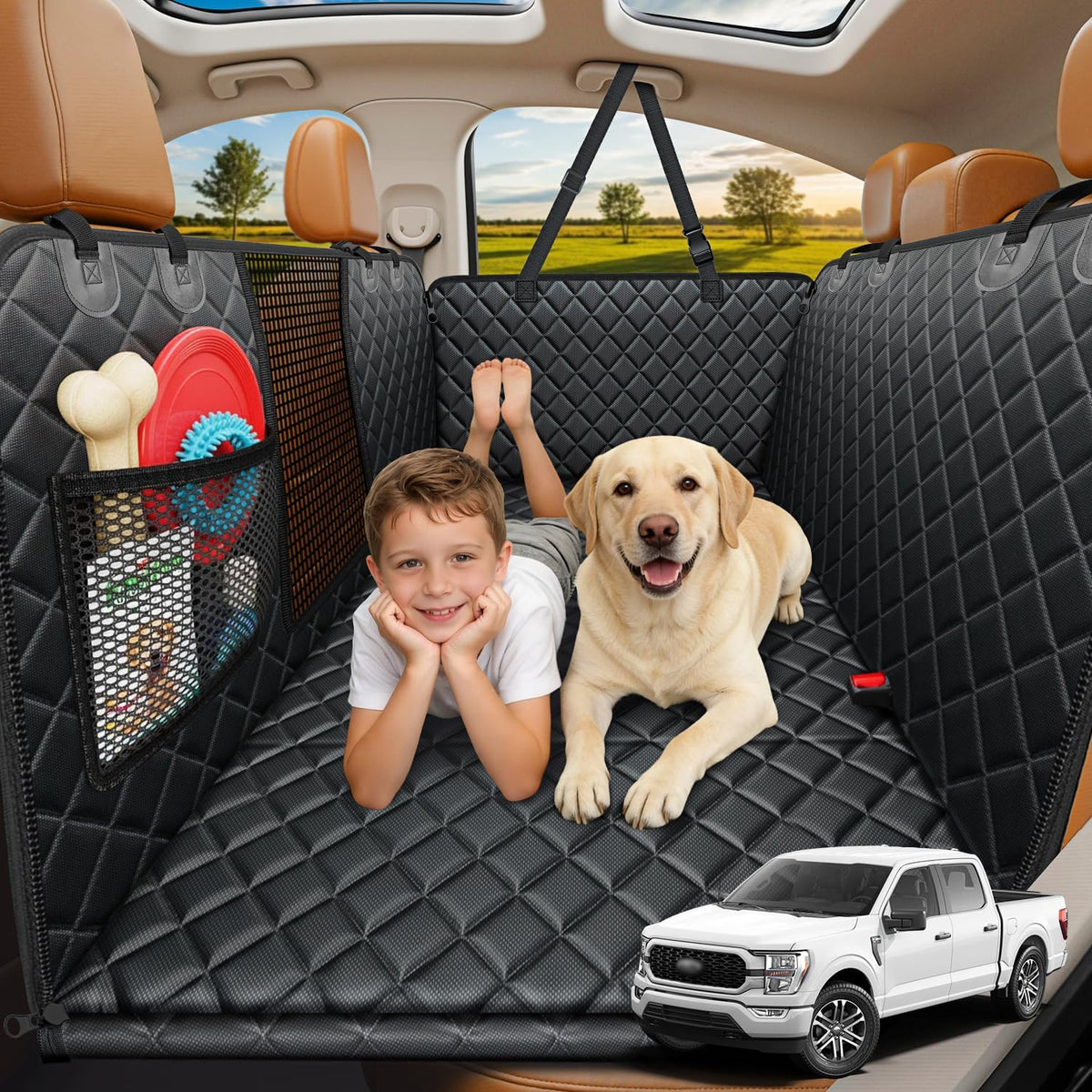 URPOWER Backseat Extender for Dogs - Hard Bottom Dog Car Seat Cover for Back Seat, Dog Hammock for Car and SUV, Pet Rear Seat Protector Dogs Travel Bed with Mesh Window