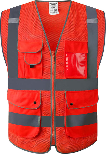 JKSafety 9 Pockets Class 2 High Visibility Zipper Front Safety Vest With Reflective Strips,Meets ANSI/ISEA Standard (Large, 150-Yellow) - Colors A